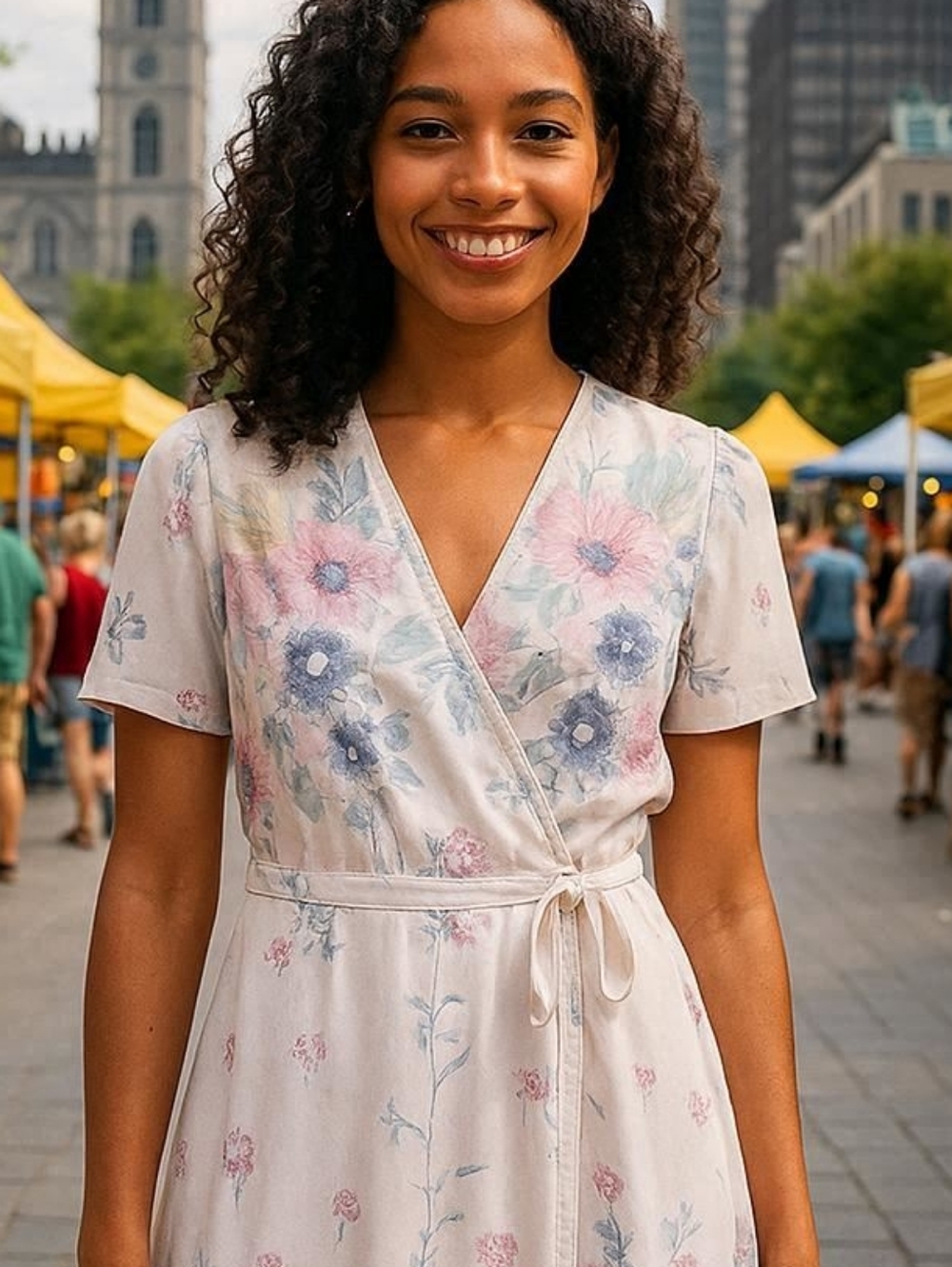 Vintage Leslie Belle Pastel Floral Wrap Midi Dress in Pink, Lavender and Blue